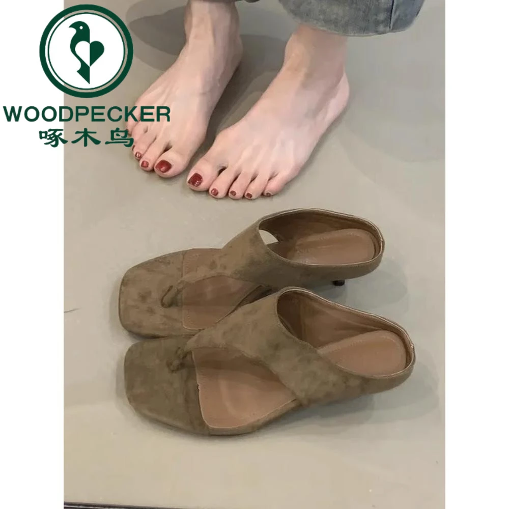 啄木鸟韩版气质复古绒面细跟高跟鞋女夹趾时尚简约一脚蹬人字拖