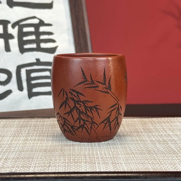 宜兴原矿紫砂朱泥大红袍主人杯刻绘竹子龙蛋杯品茗杯家用茶器