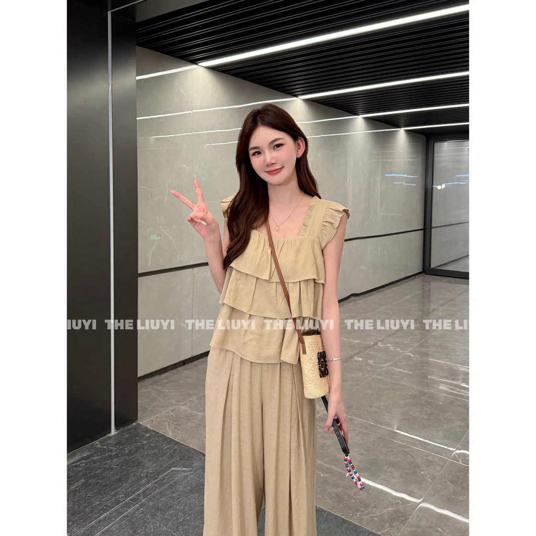 【LIUYI】轻松入夏~韩系荷叶边飞袖上衣宽松直筒裤两件套56204