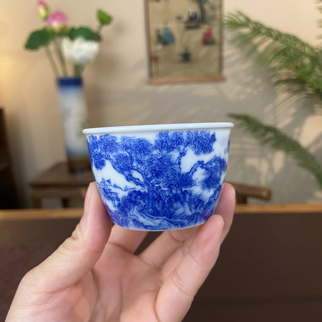 【九茗珍藏】林意青花釉下红小缸杯 景德镇纯手工手绘茶器茶具