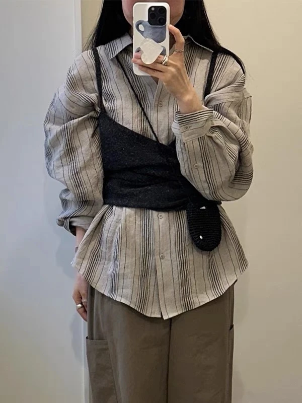 韩货-【Moia同款’零碎的岛屿】早秋‘复古水墨撞色小众条纹衬衫/7088