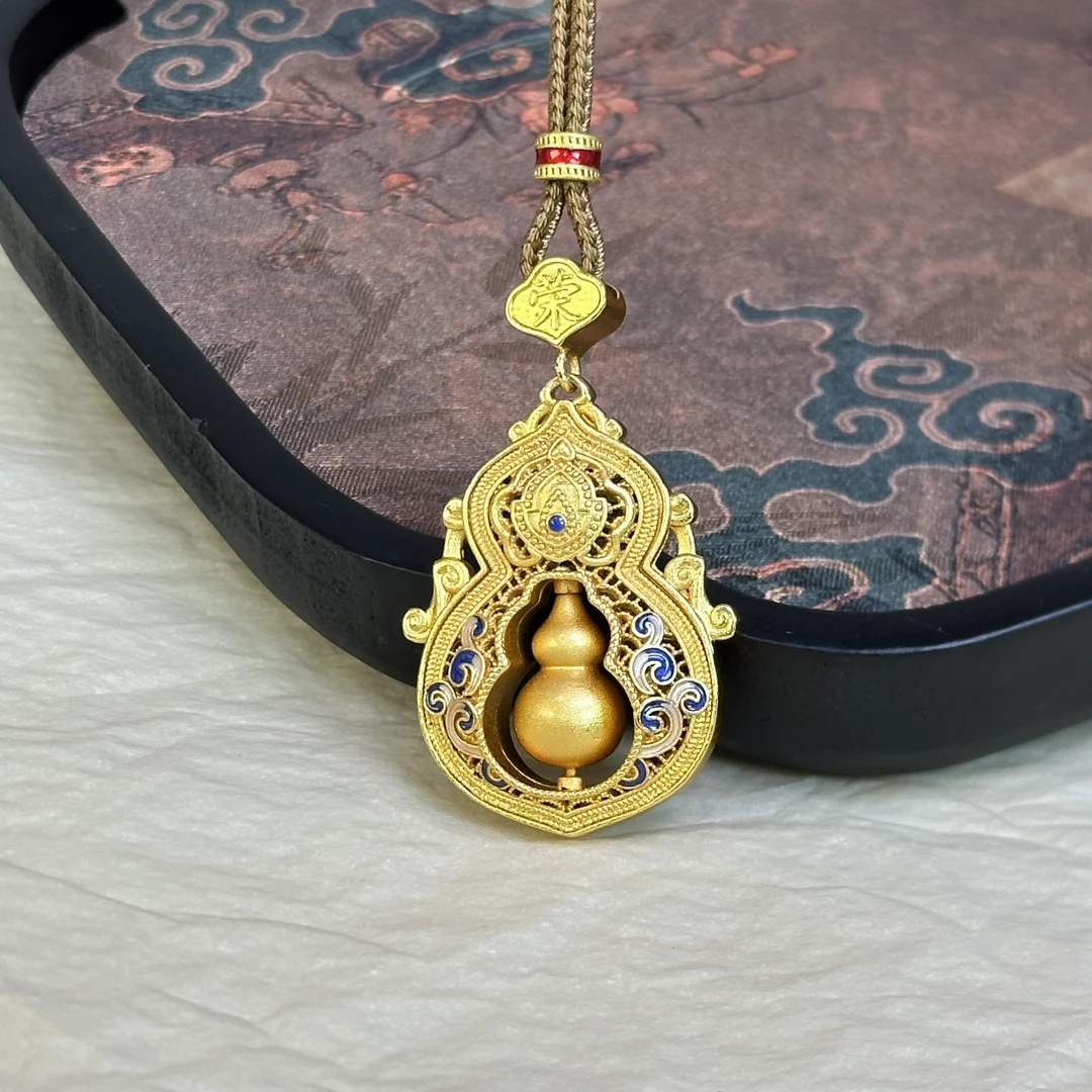 吊坠足银 【金镶四美福禄】足银珐琅金色四美微镶烧蓝镶嵌葫芦吊坠