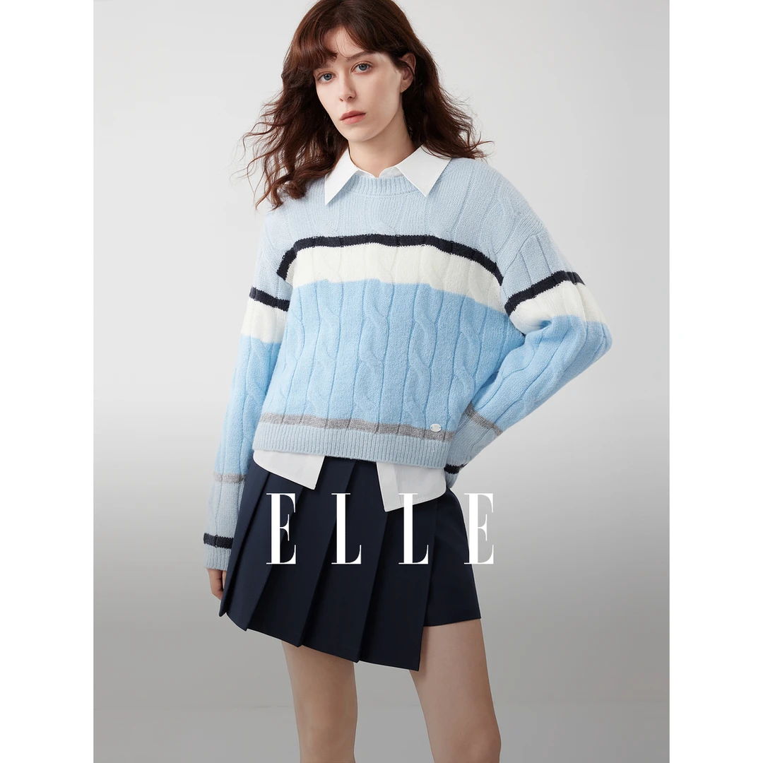 ELLE女装绵羊毛绞花条纹针织衫2025秋新款慵懒撞色毛衣EM52801
