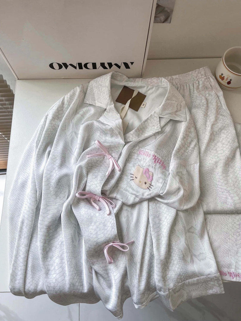 韩系星光蛇纹kitty猫蝴蝶结长袖睡衣女夏季大码长裤套装家居服