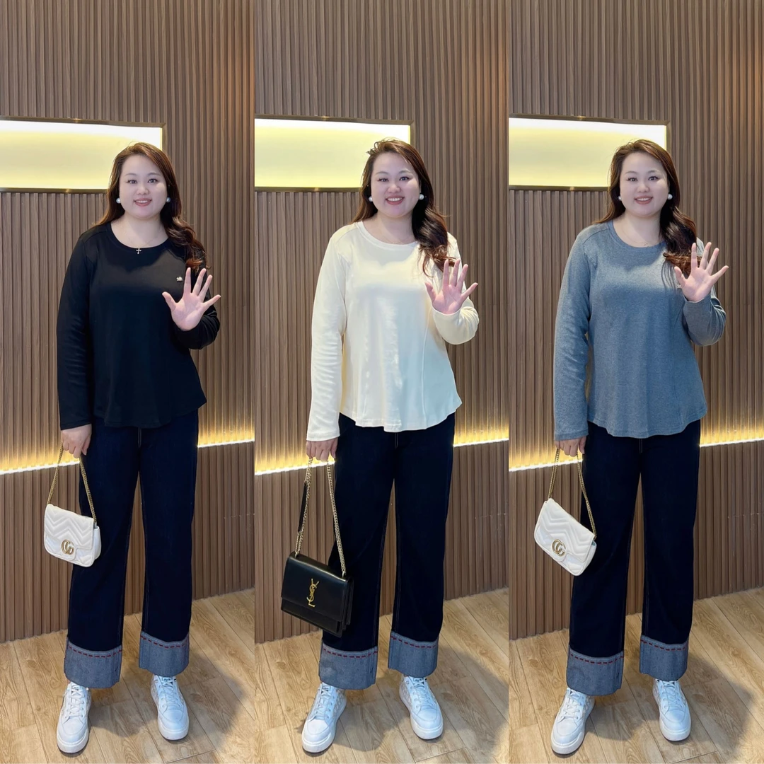 【胖霜霜现货上衣】PMM82103早秋新款显瘦圆领打底纯色上衣大码女装