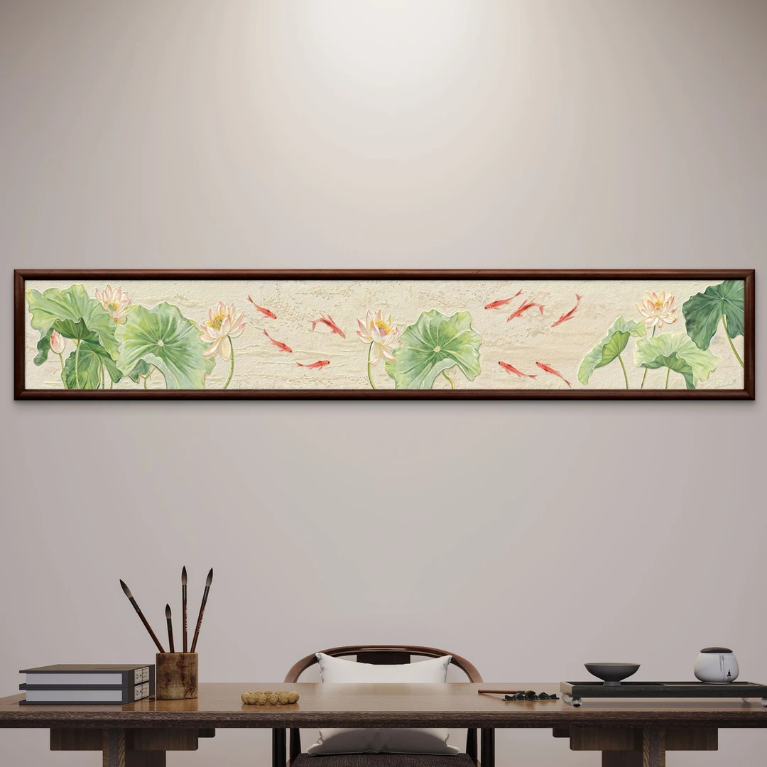 346-40*240荷满鱼润图中式装饰画实木玄关书房茶室客厅挂画
