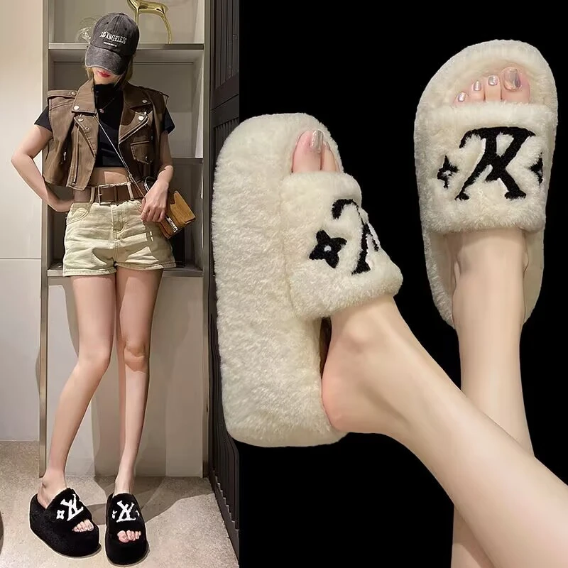 小个子厚底增高7cm加绒时尚外穿毛毛拖鞋女秋冬新款松糕高跟棉拖