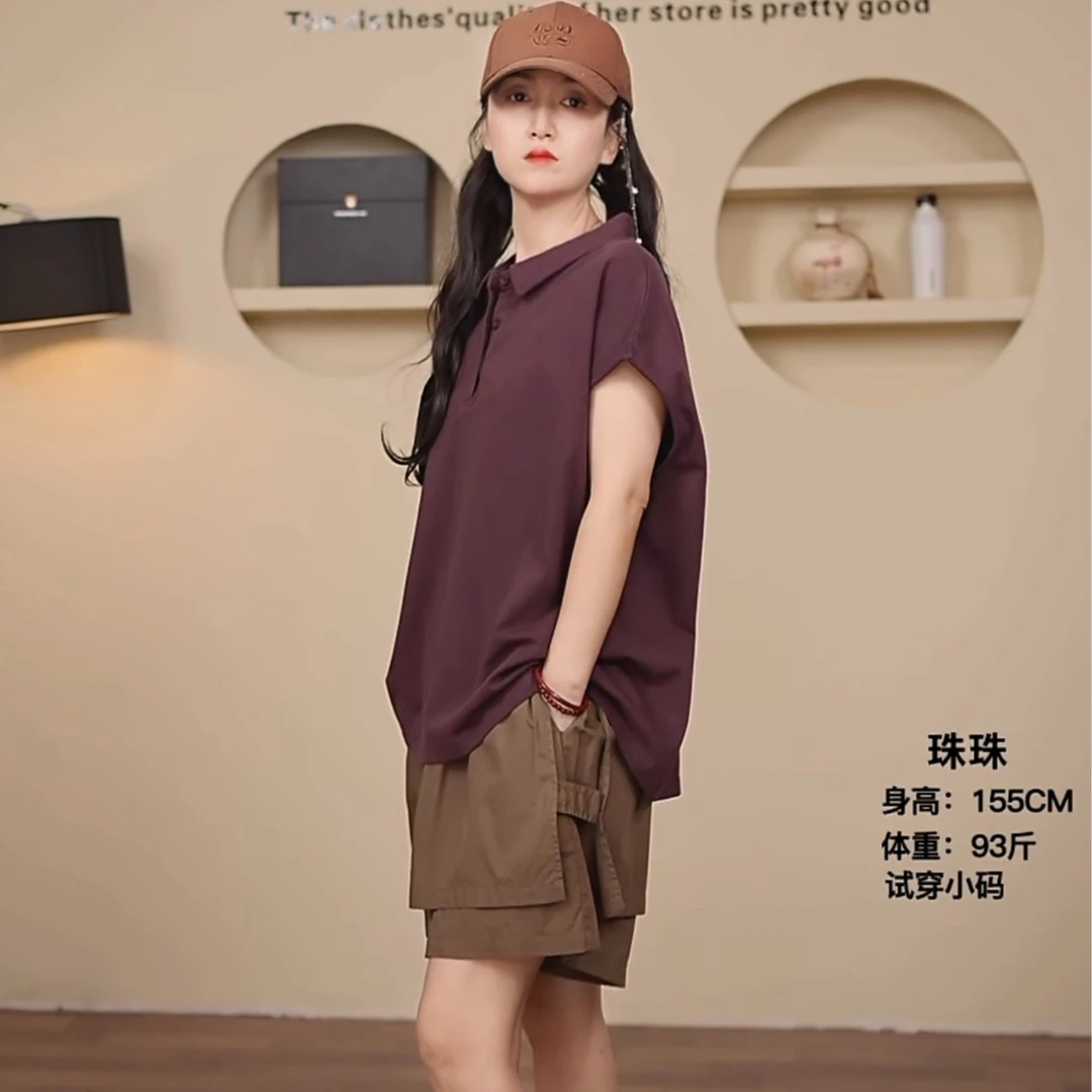 夏季新款女士宽松显瘦纯色POLO领简约翻领半袖女生韩系ins衣服