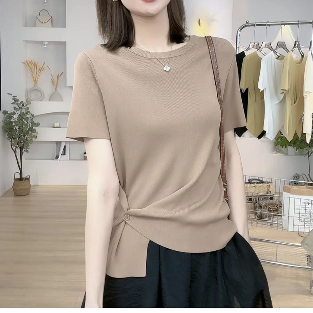 新款宽松显瘦不规则下摆拼接短袖冰丝上衣气质通勤暗扣女士T恤
