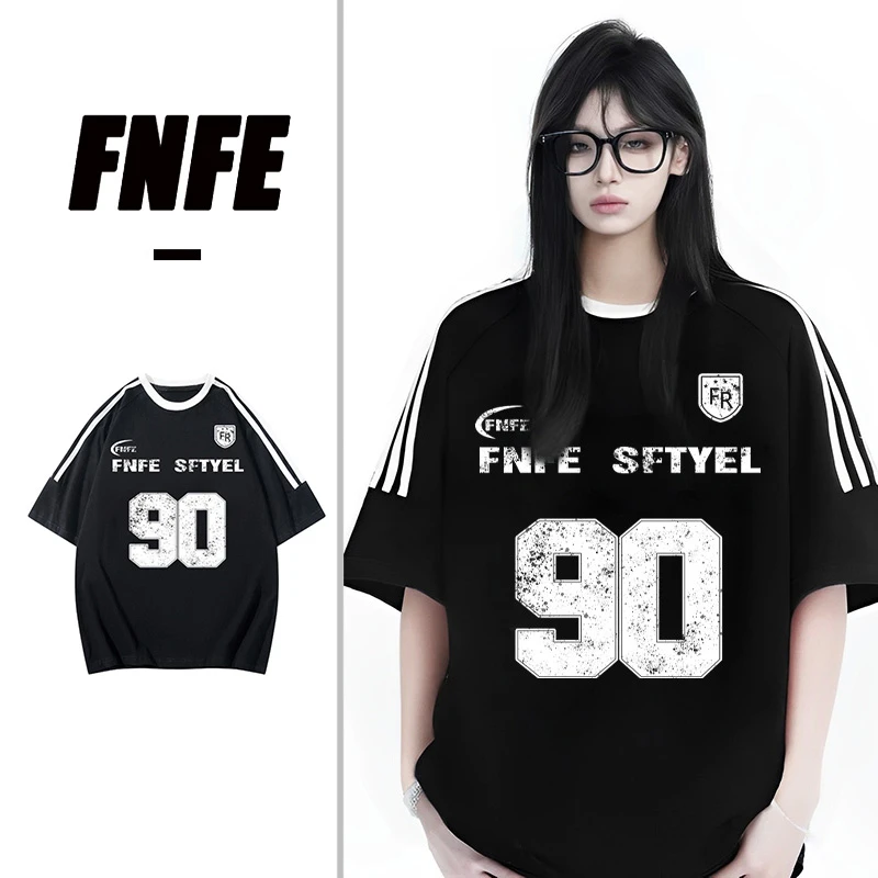FNFE复古纯棉短袖t恤男女美式高街情侣学院风上衣夏季宽松半袖