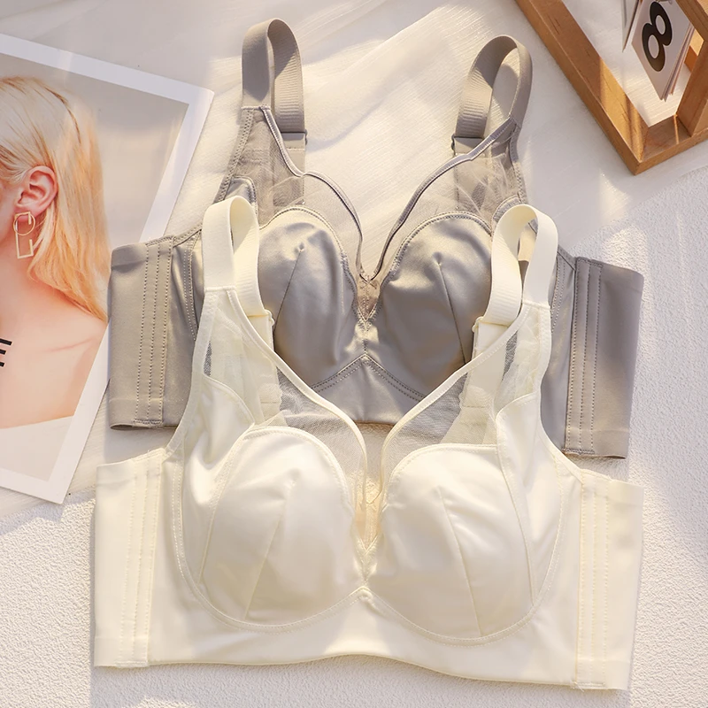 性感缎面无痕内衣女薄款大胸显小收副乳防下垂调整型软钢圈文胸罩