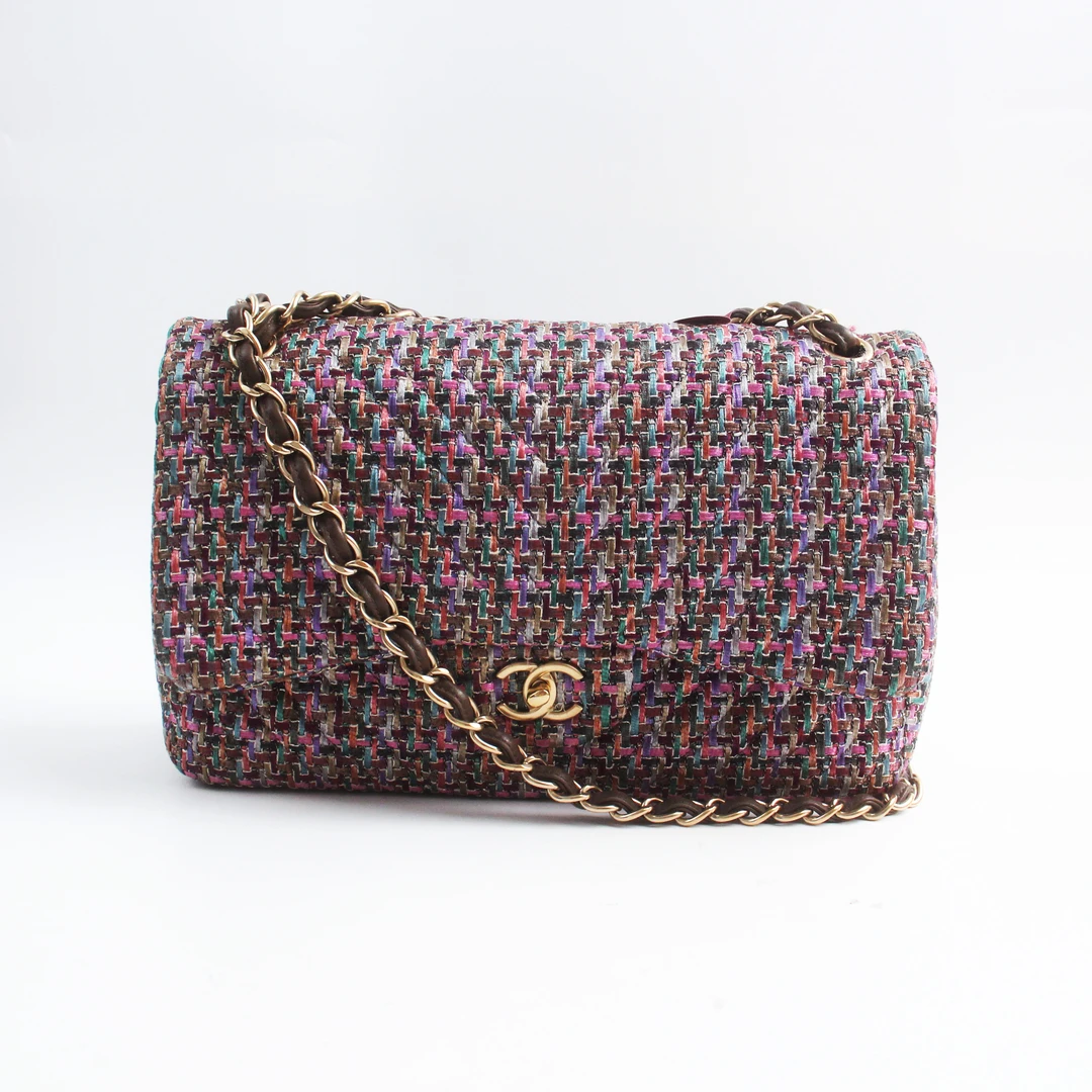 95新 Chanel/香奈儿 78042B15S紫色多色软呢CF30JUMBO单肩斜挎包