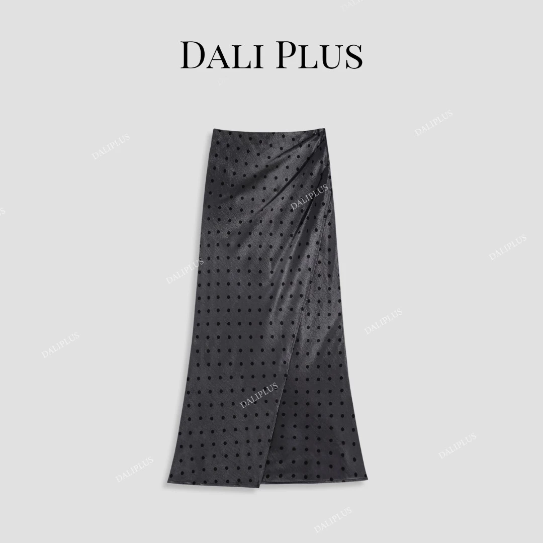 DALI PLUS缎面波点开叉鱼尾裙静奢风高腰修身休闲半身裙-D5MM2117