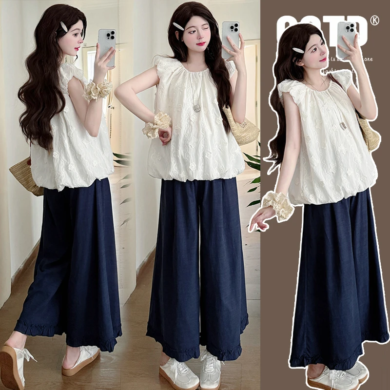 【安安】孕妇装夏季刺绣上衣+阔腿裤子洋气减龄时尚孕妇娃娃衫夏装