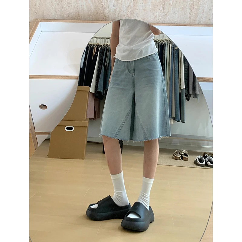 大码高街松弛毛边设计直筒牛仔七分裤2025夏季新款慵懒感显瘦短裤