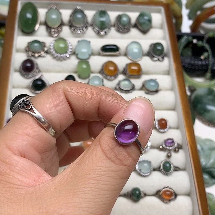 草***冰蛇纹石玉银S925镶嵌戒指