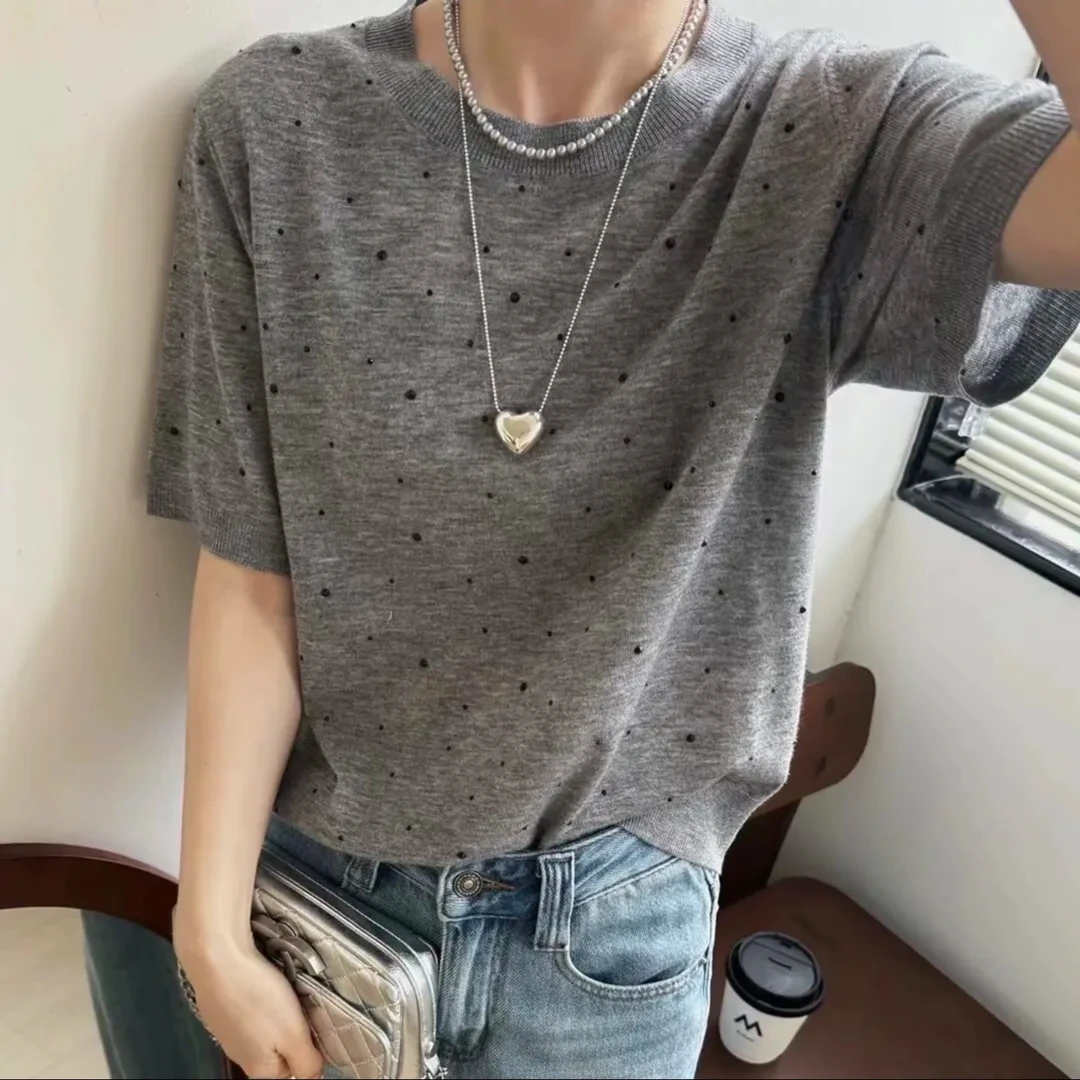 灰色黑波点烫钻短袖T
