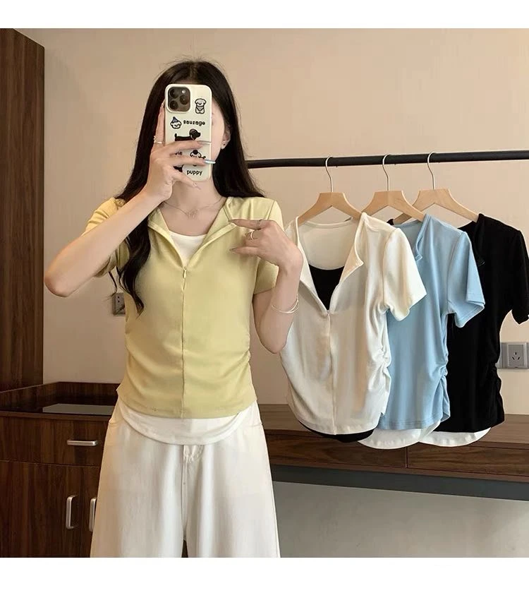 2025时尚假两件短袖t恤女早秋新款减龄修身时髦洋气打底衫上衣女