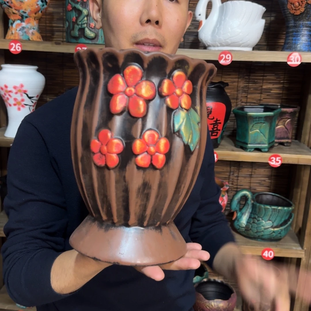 红陶浮雕花盆炸炸炸