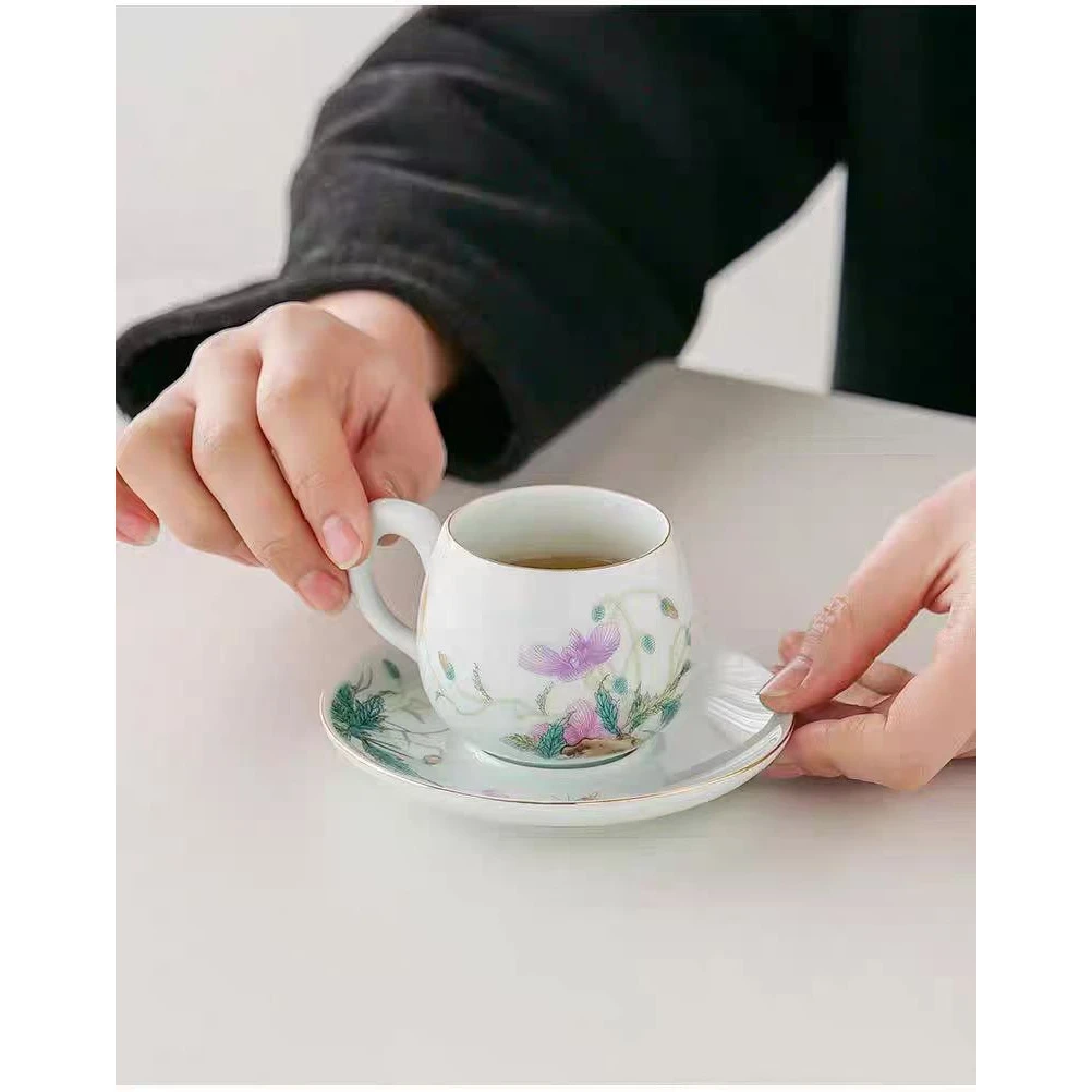 虞美人咖啡杯陶瓷女士个人茶具下午茶带杯垫2112