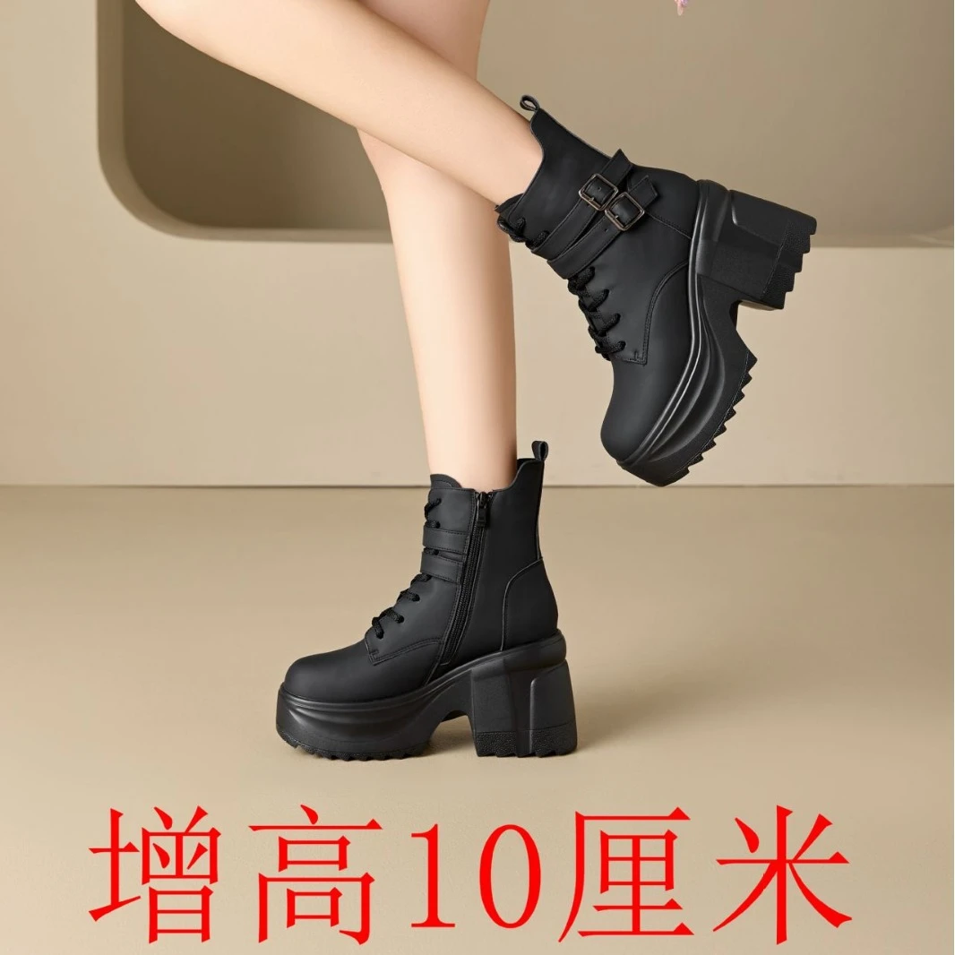 10CM百搭爆款时尚显瘦潮短靴马丁靴粗跟厚底增高女短靴英伦风女
