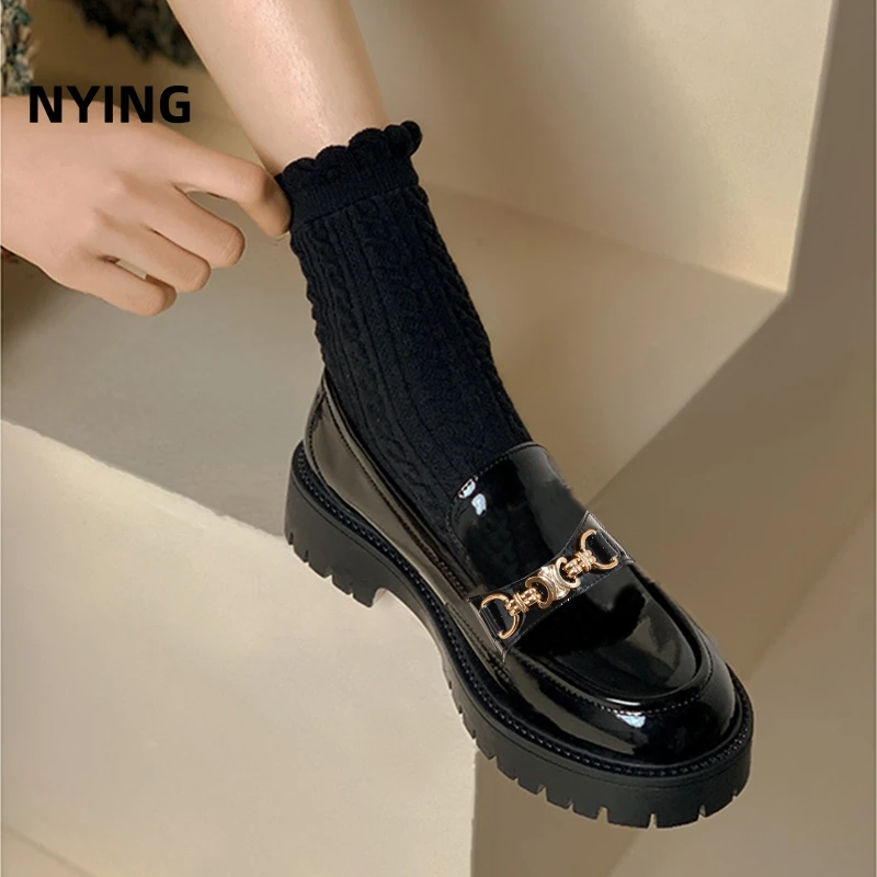 NYING真皮乐福鞋女鞋子2024秋冬加绒爆款厚底小皮鞋女黑休闲单鞋