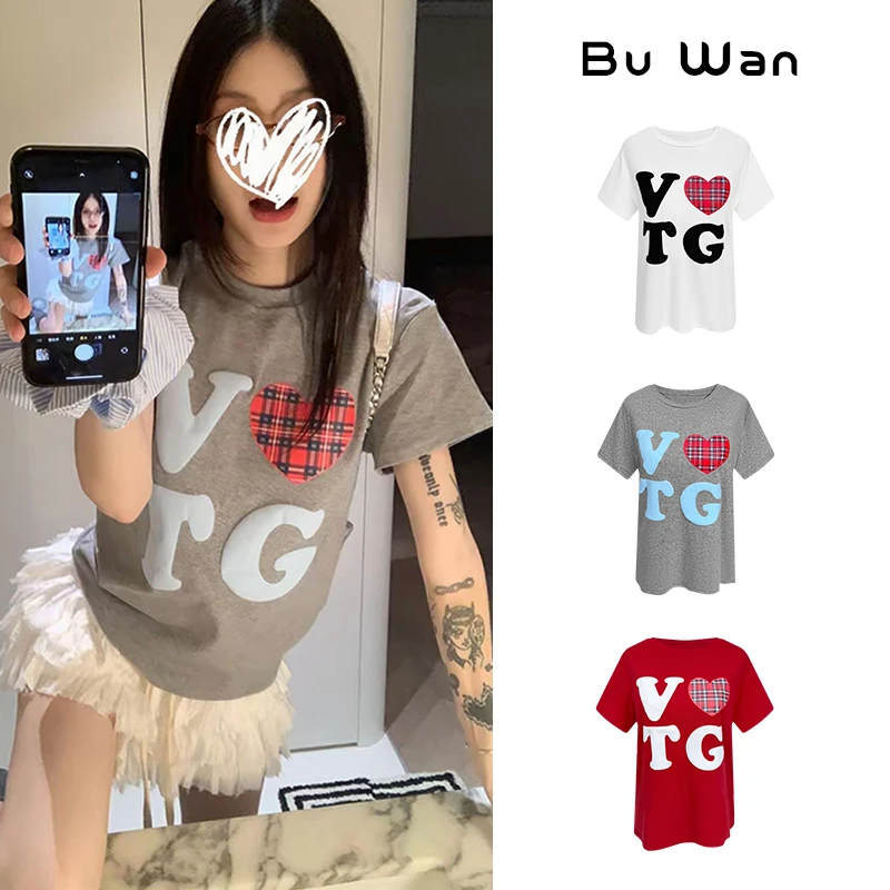 2025夏季美式复古爱心字母印花圆领短袖T恤情侣宽松休闲上衣3491