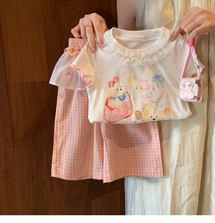 女童套装短袖T恤格子裤两件套童装宝宝洋气卡通印花上衣休闲裤子