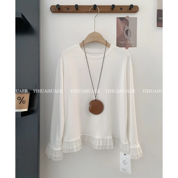 BHH-2001【软雾白茶】东大门韩版百搭气质花边打底衫减龄设计感T恤