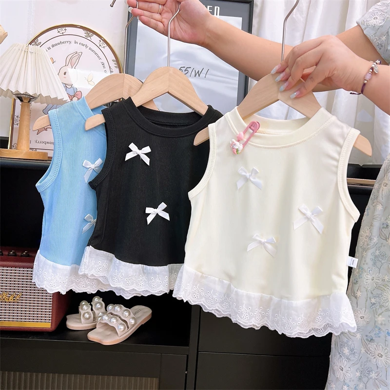 女孩夏季冰丝纯色洋气韩版无袖女背心外穿夏装蕾丝蝴蝶结女童薄款