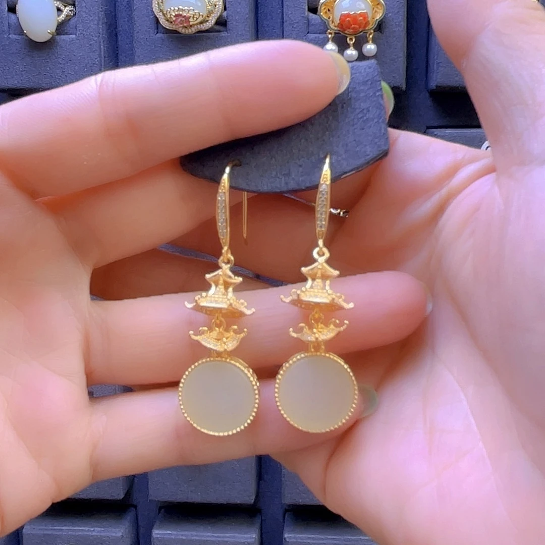 和田玉耳饰银S925镀金镶嵌