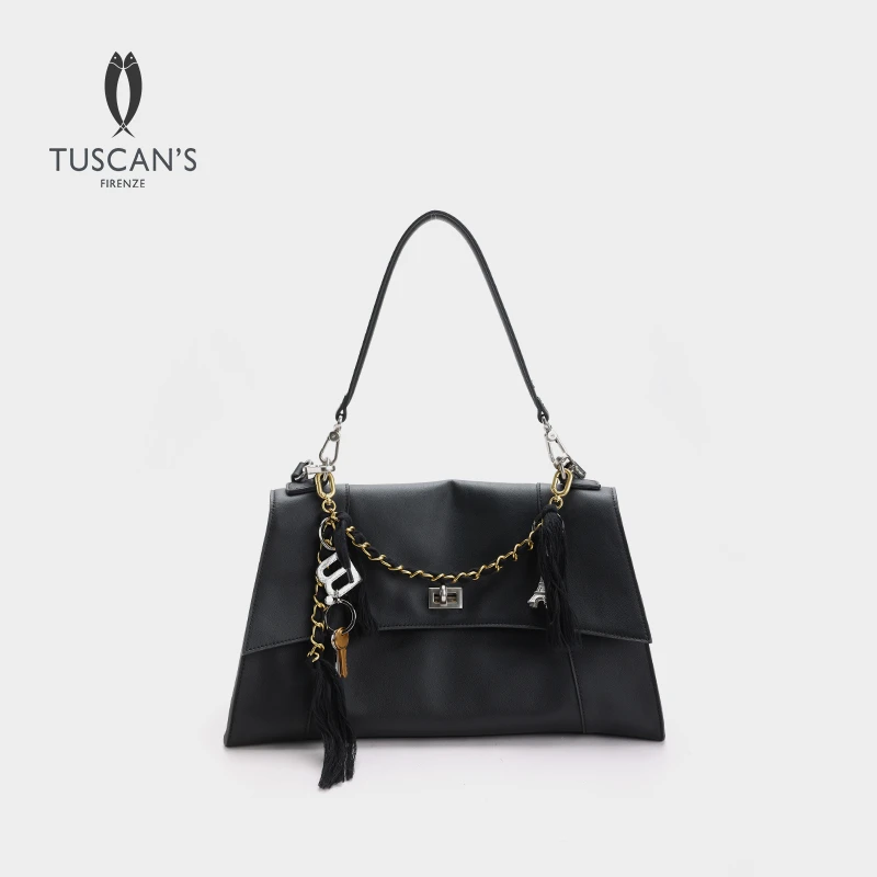 TUSCAN'S时尚百搭牛皮黑色轻奢女士通勤大容量腋下托特单肩包
