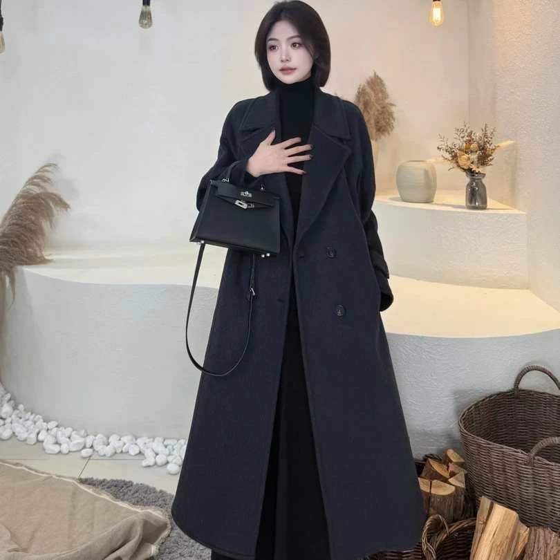 高端气质双面羊毛大衣外套双排扣大衣2025冬季韩系毛呢外套