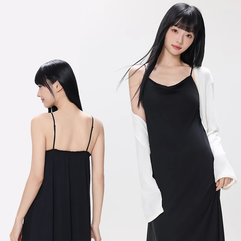 荡领高级感莫代尔带胸垫黑色连衣裙女内搭打底裙中长款吊带裙夏天