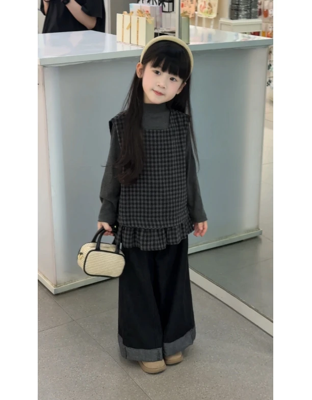 亲子女童秋装2025秋季新款2-12岁韩版格子马甲阔腿裤打底衫三件套