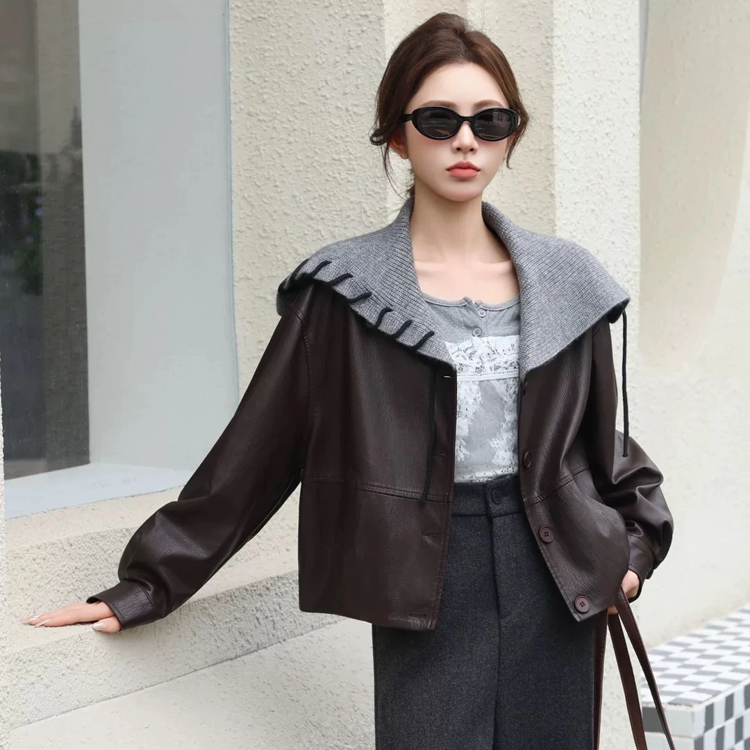 2025早秋新款设计感政治翻领海军领皮衣夹克女休闲显瘦短款外套