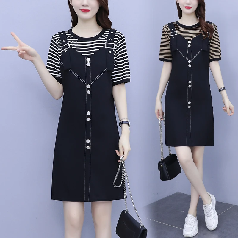88大码女装2025新款夏季胖mm遮肚子连衣裙显瘦条纹假两件中长款