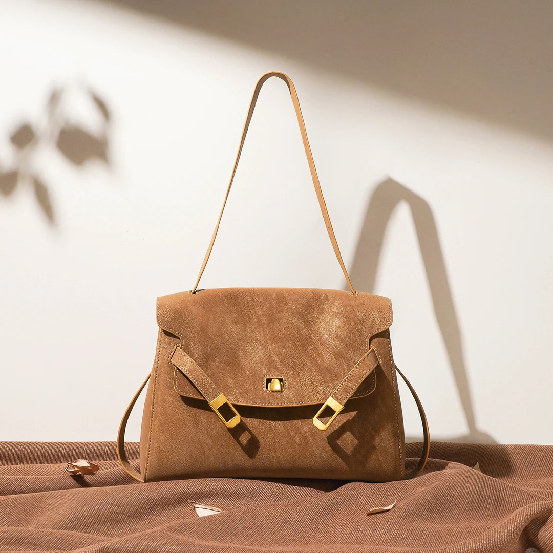 【绵绵专属】秋冬凯莉包擦色牛皮邮差包百搭通勤单肩腋下大容量女包