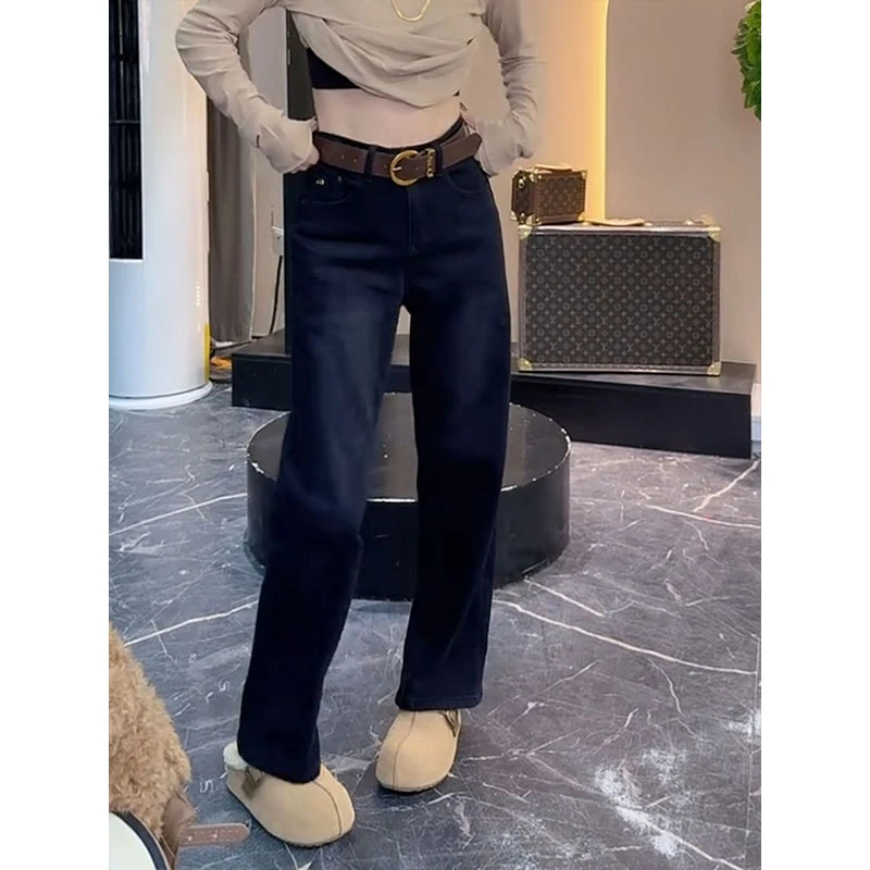 秋冬新款小个子高腰直筒加绒款牛仔长裤女保暖显瘦时尚百搭拖地裤