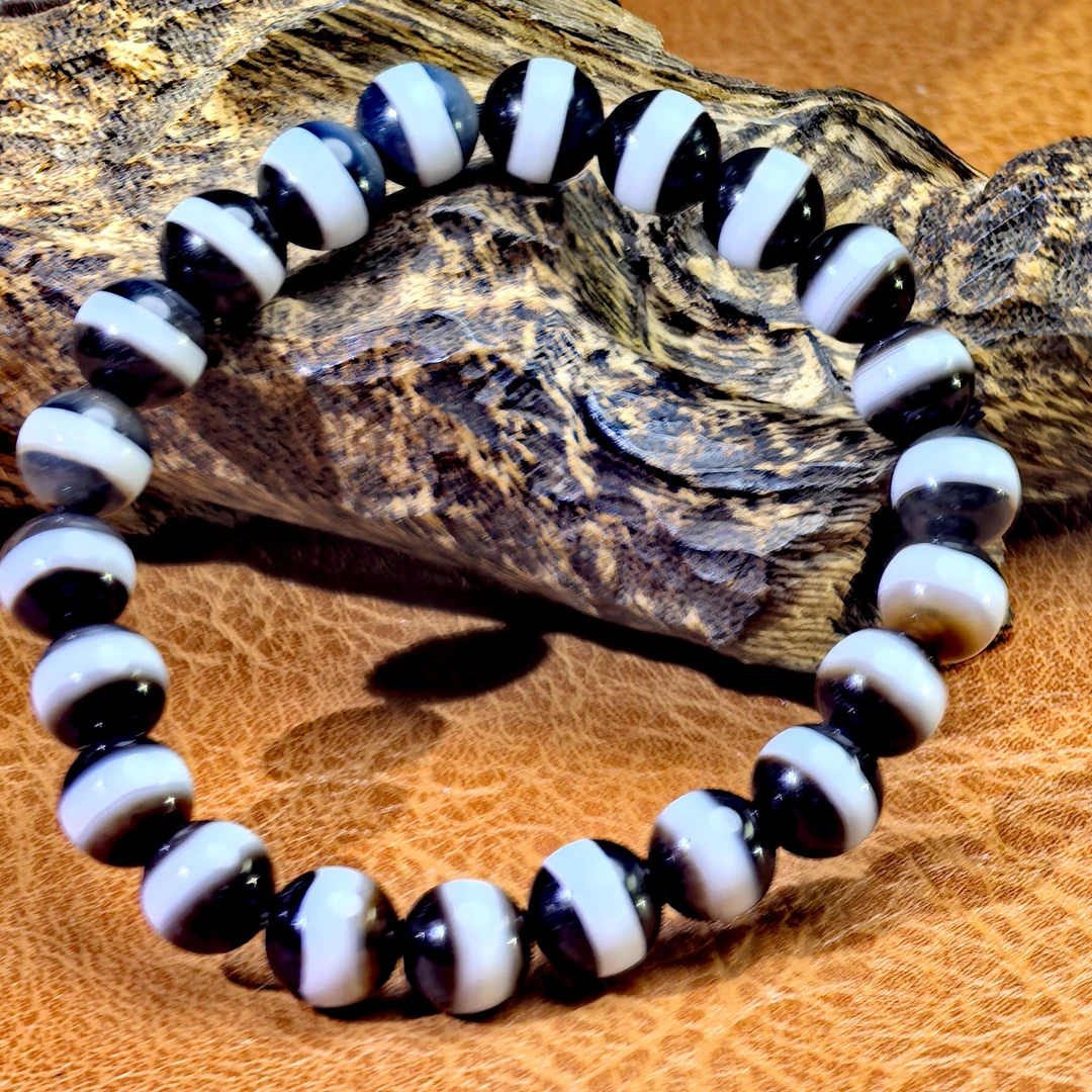 藏传文玩西亚老缠丝玛瑙玉髓黑白大一线真品藏系手串配饰