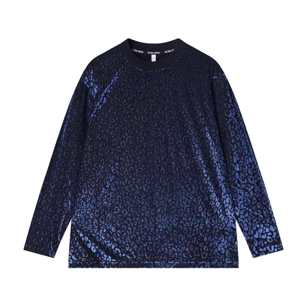 夏季高级感新款韩版撞色提花圆领长袖T恤小众设计满印休闲上衣