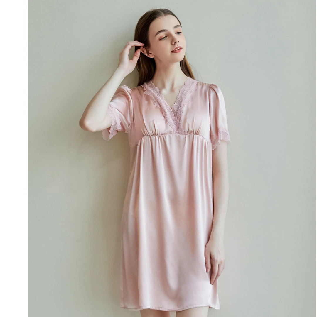 2025新款100%桑蚕丝带胸垫薄款真丝睡裙夏季女短袖性感防凸点家居