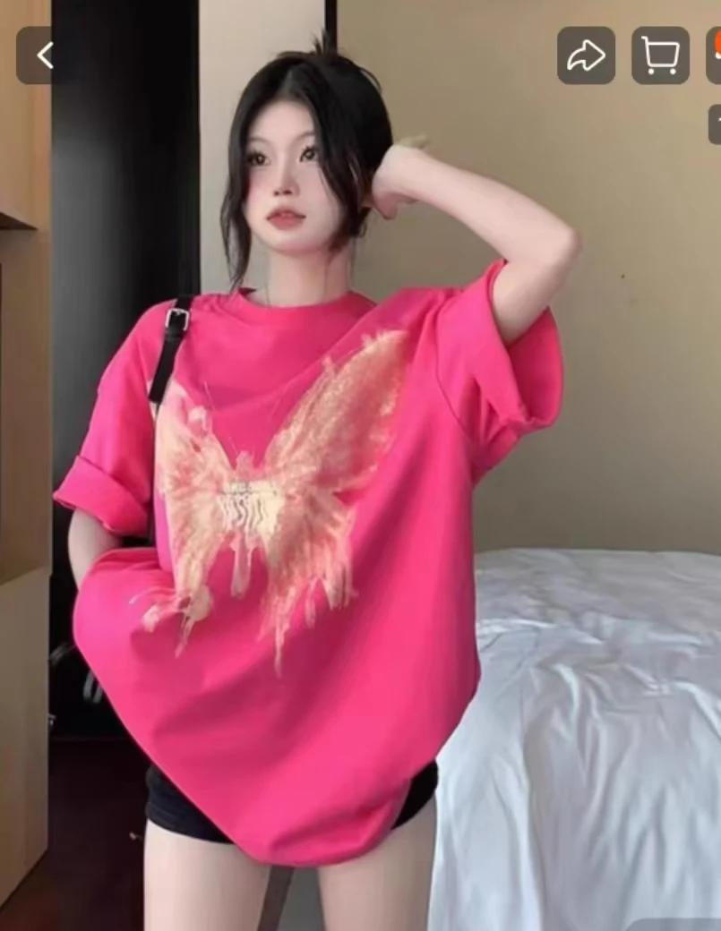 ①新款老板娘气质烫钻女装纯棉时尚休闲宽松百搭中长款T恤韩版ins