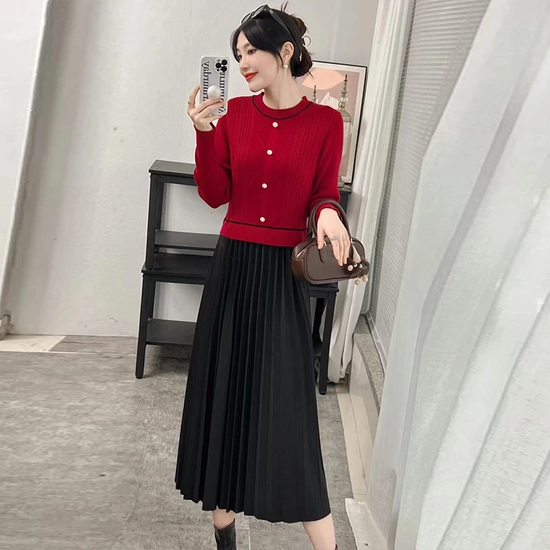 小香风针织连衣裙女2024秋冬季新款时尚百搭高级质感假两件打底裙