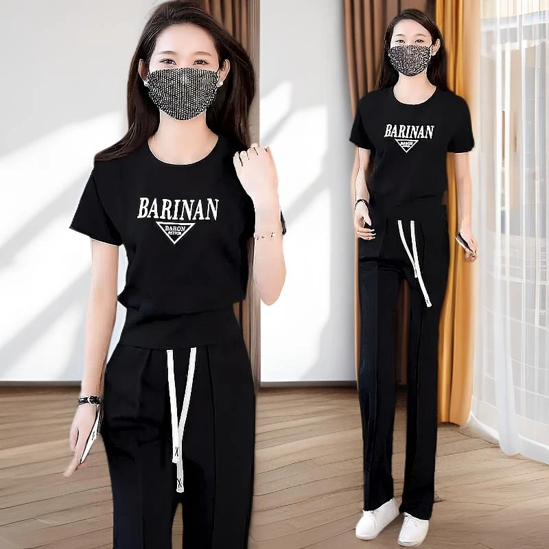 宽松休闲圆领短袖直筒裤两件套女2025夏季新款百搭减龄运动服套装