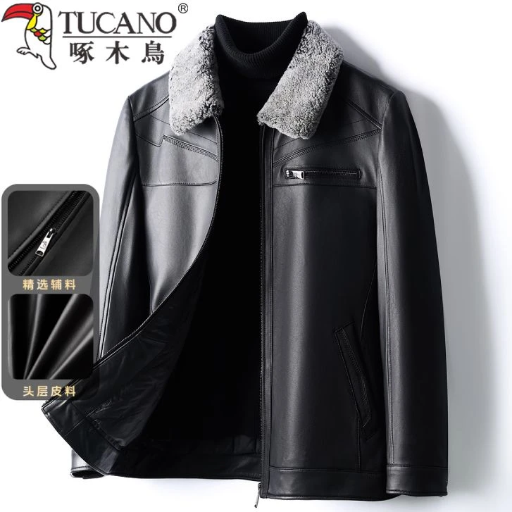 啄木鸟【头层绵羊皮 90%鸭绒 羊毛领】冬季男士真皮皮衣保暖大气