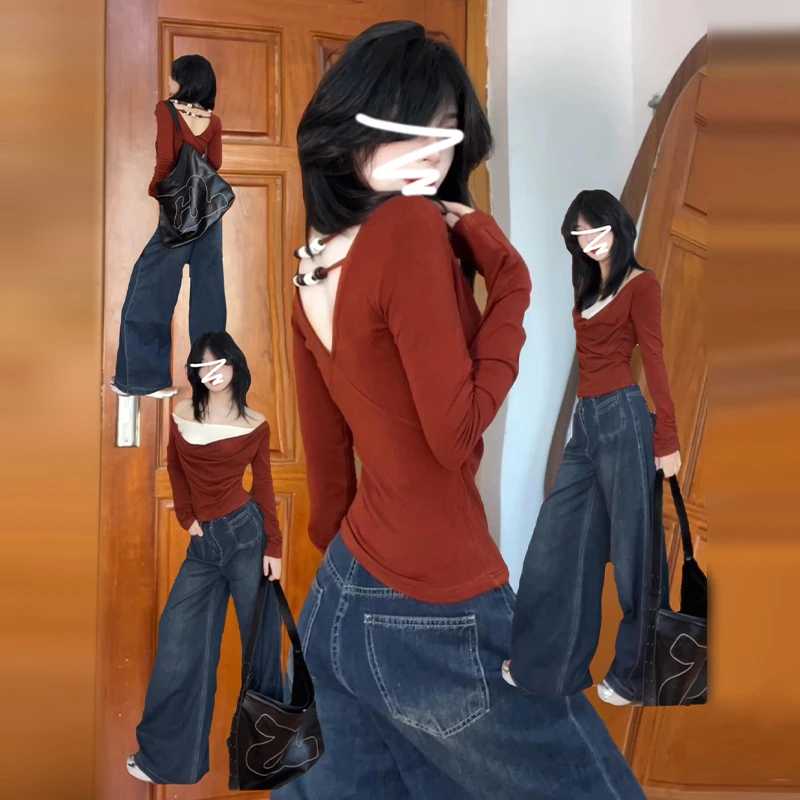 2025新款假两件红色荡领短款T恤女早春季修身设计感打底感上衣