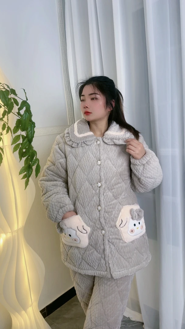 保暖冬季长袖加厚睡衣家居服套装女士冬天秋冬季加绒舒适居家6023