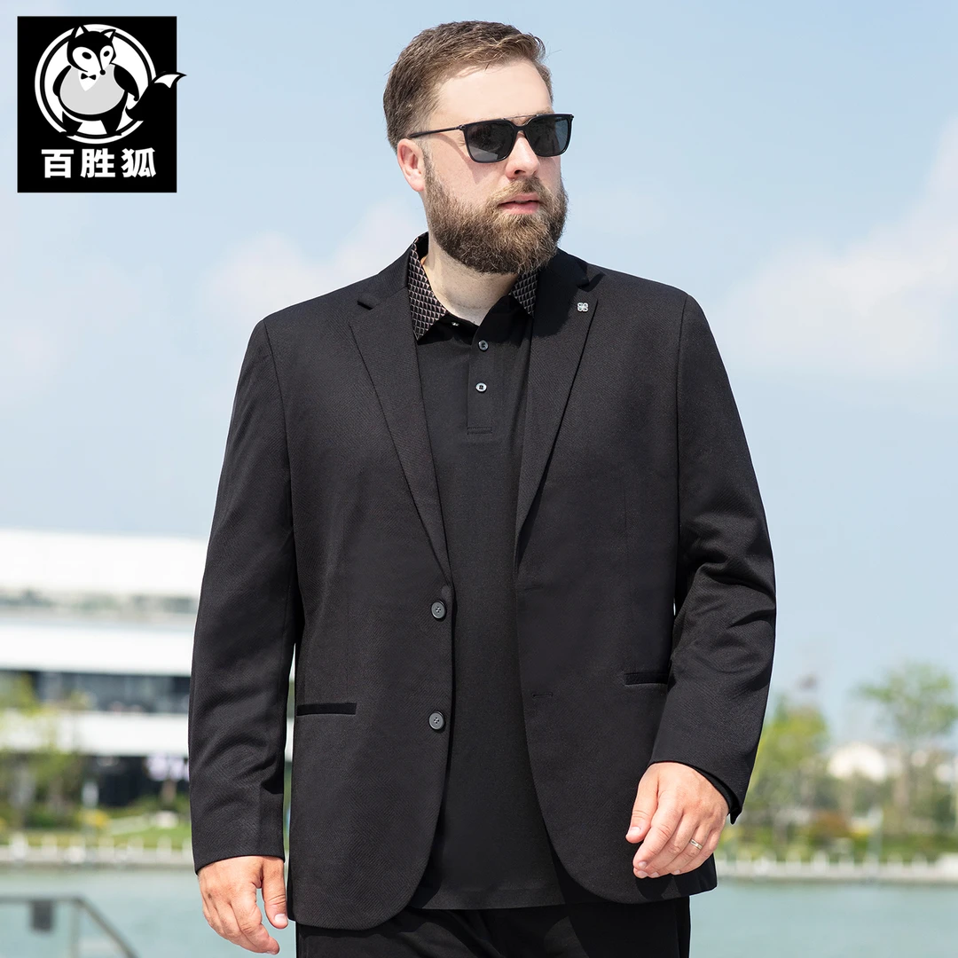 百胜狐长袖修身宽松型提花西服男士春秋季胖子加大码西装上装外套