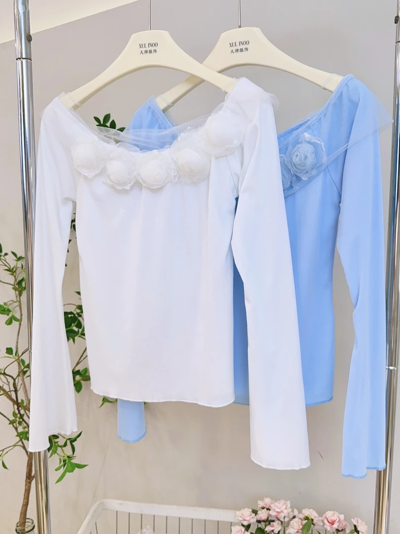 琳心丨早秋新款多色法式立体花朵温柔风修身打底衫 3475